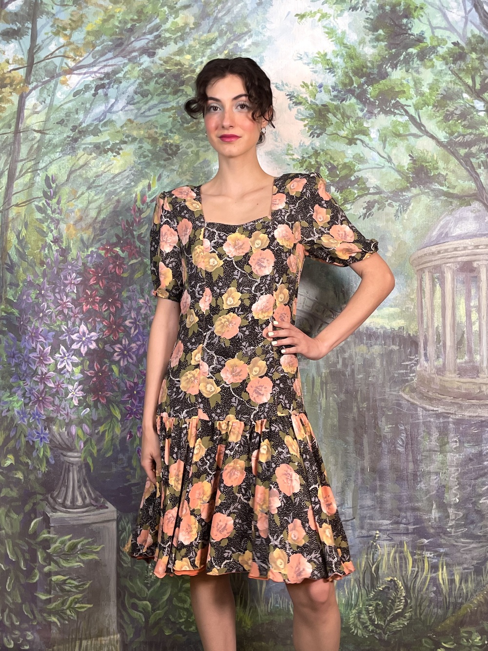 Vintage Black Floral Mini Dress with Puff Sleeves