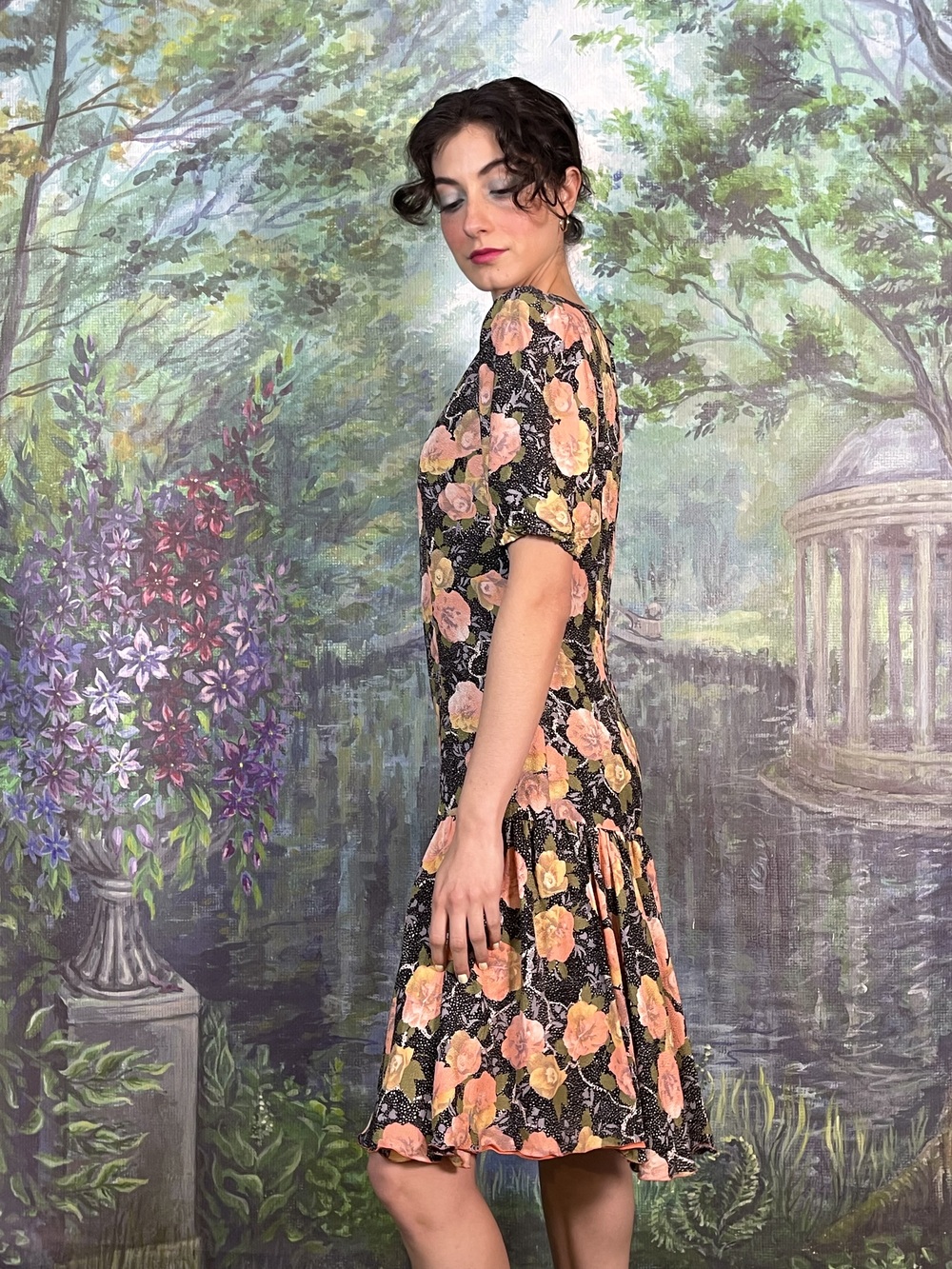 Vintage Black Floral Mini Dress with Puff Sleeves