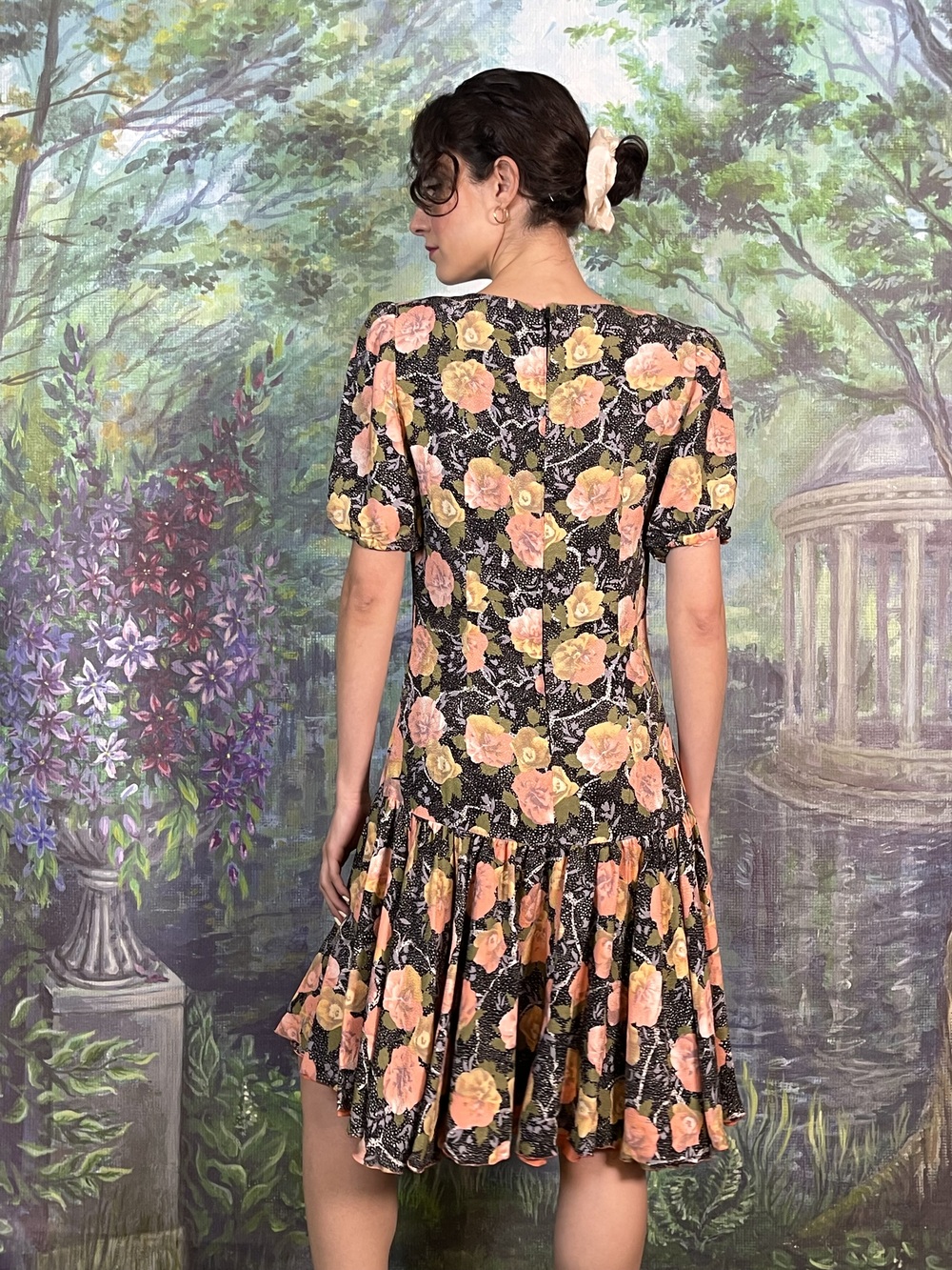 Vintage Black Floral Mini Dress with Puff Sleeves