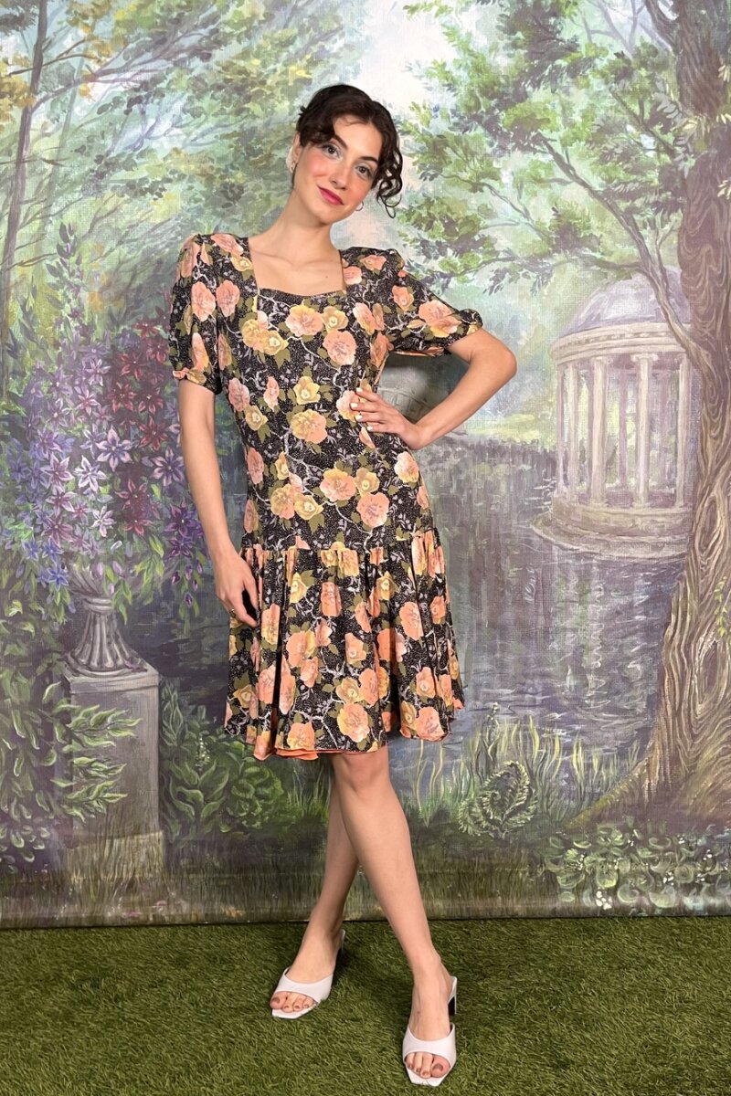 Vintage Black Floral Mini Dress with Puff Sleeves