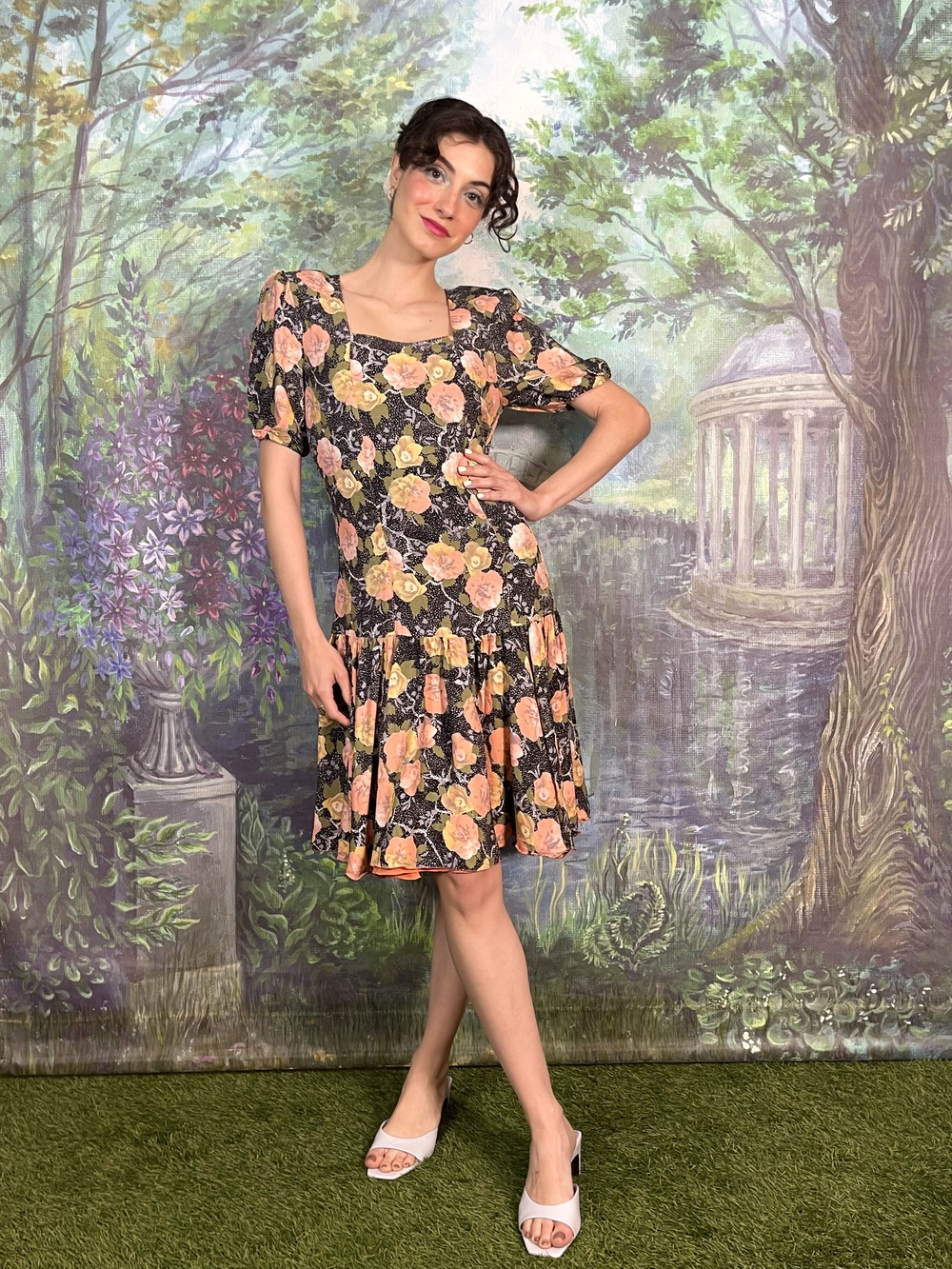 Vintage Black Floral Mini Dress with Puff Sleeves