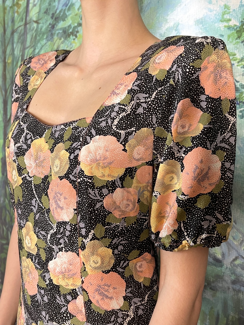 Vintage Black Floral Mini Dress with Puff Sleeves