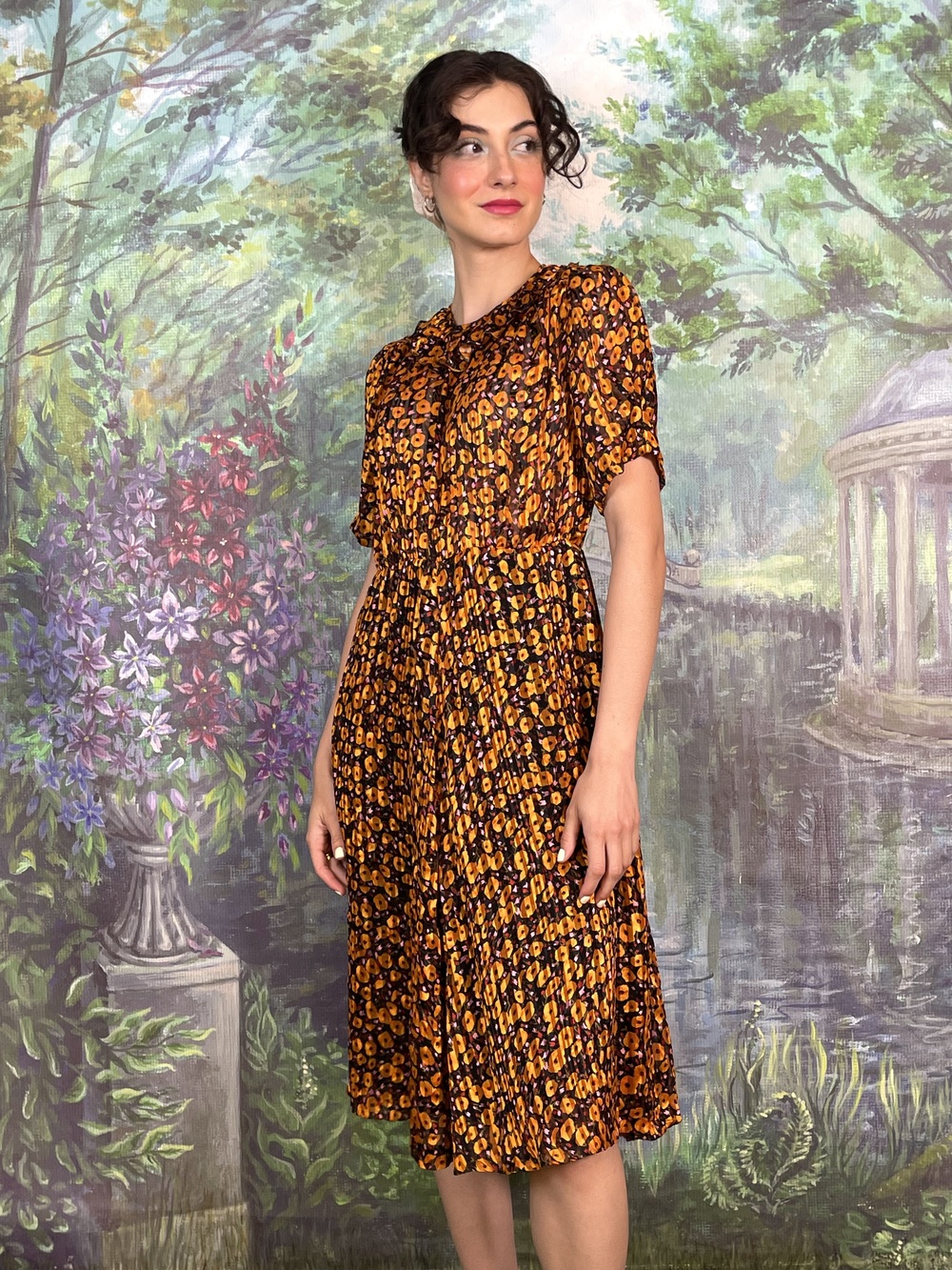 80s Vintage Orange Floral Pleated Dress
