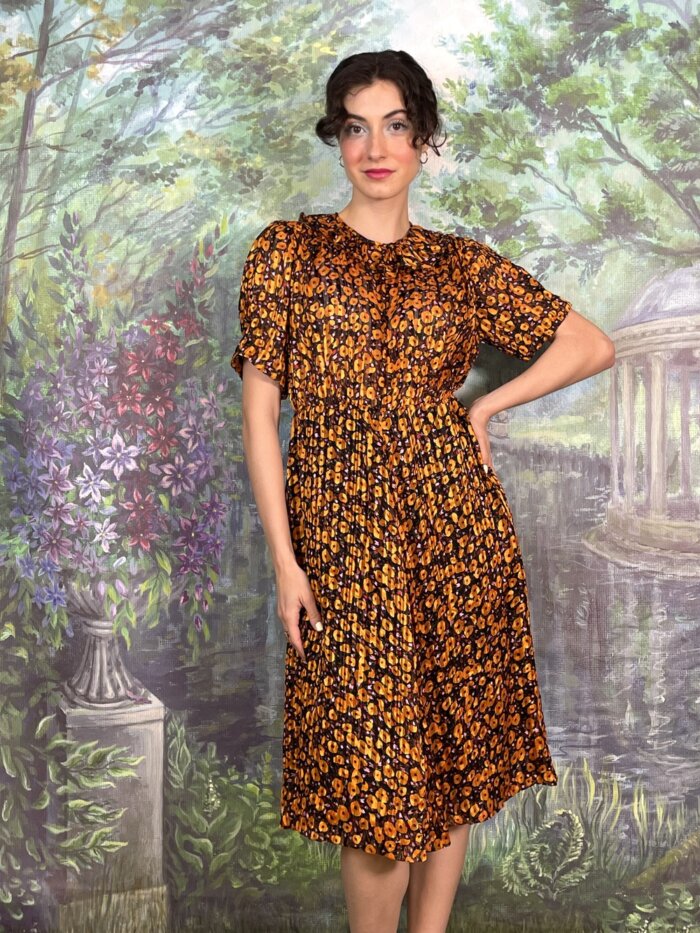 80s Vintage Orange Floral Pleated Dress