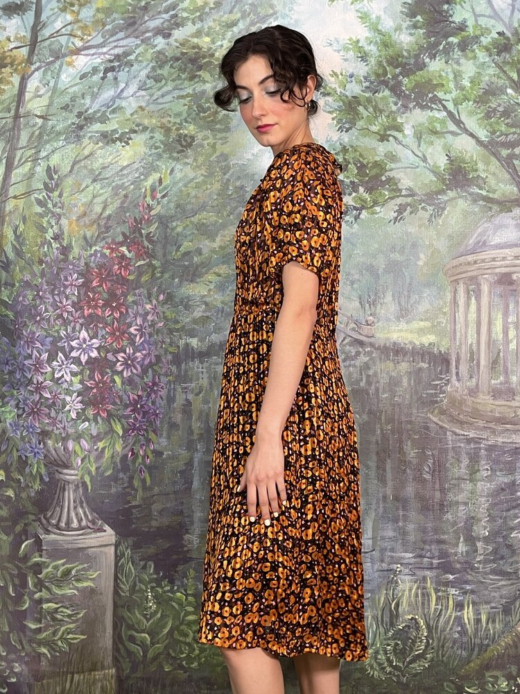 80s Vintage Orange Floral Pleated Dress