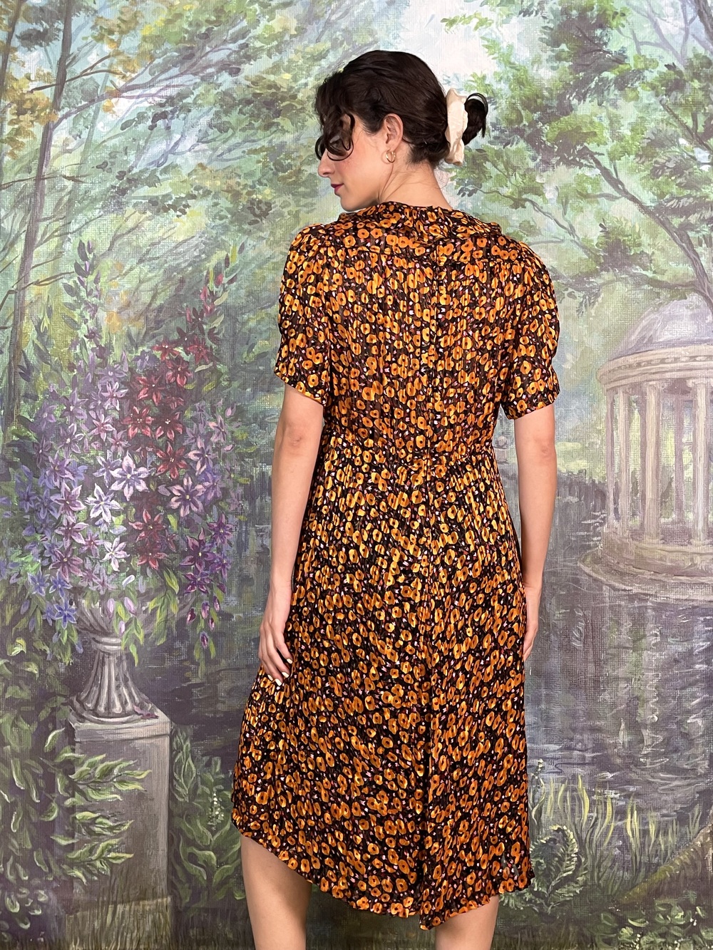 80s Vintage Orange Floral Pleated Dress