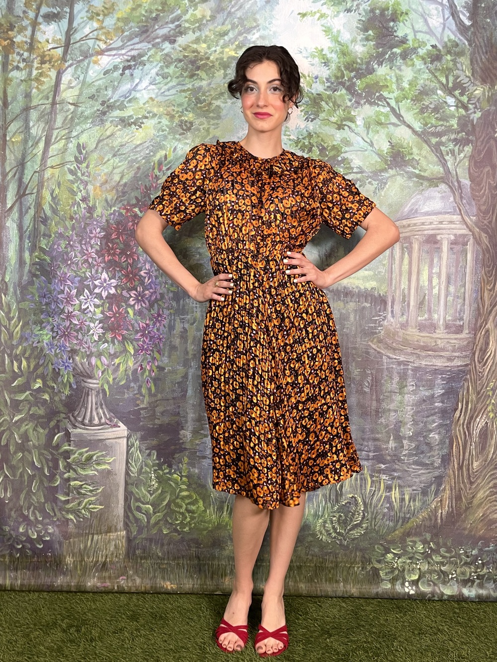 80s Vintage Orange Floral Pleated Dress