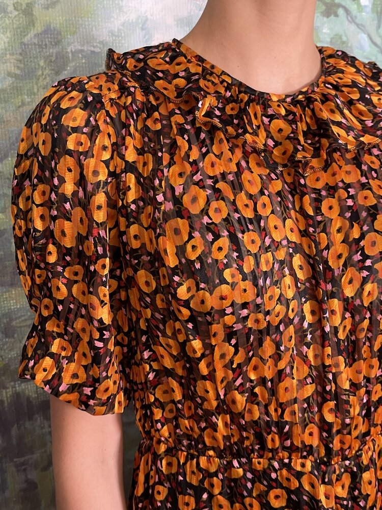 80s Vintage Orange Floral Pleated Dress