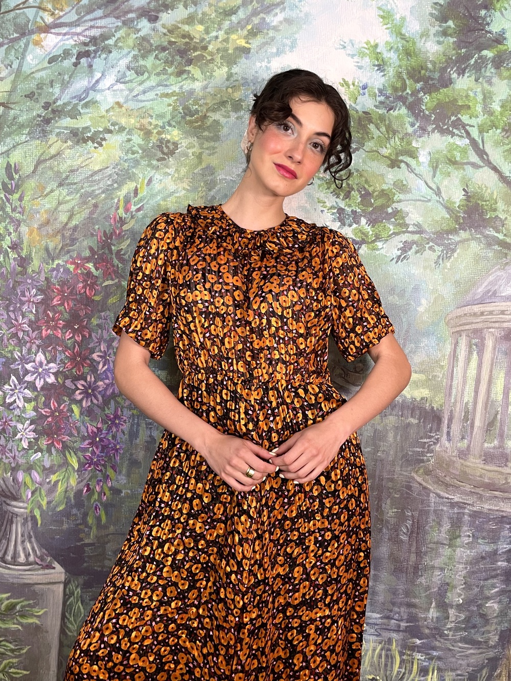 80s Vintage Orange Floral Pleated Dress