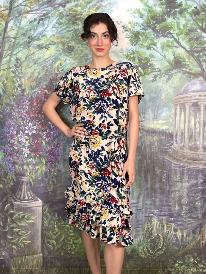 90s Vintage Botanical Floral Ruffle Dress