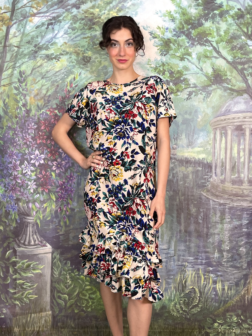 90s Vintage Botanical Floral Ruffle Dress