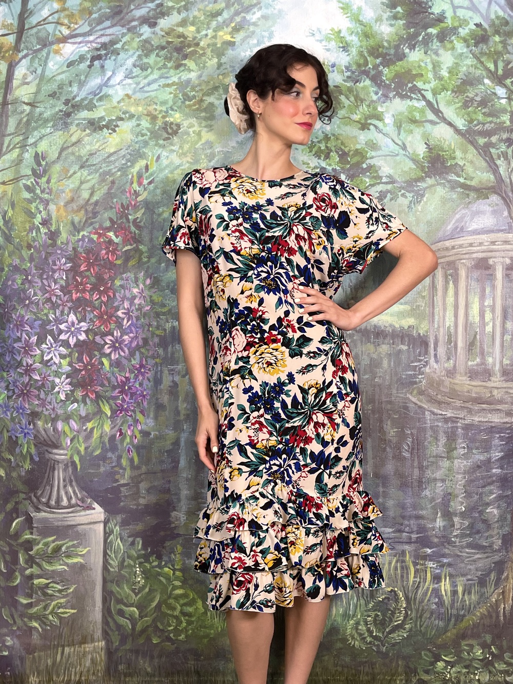 90s Vintage Botanical Floral Ruffle Dress