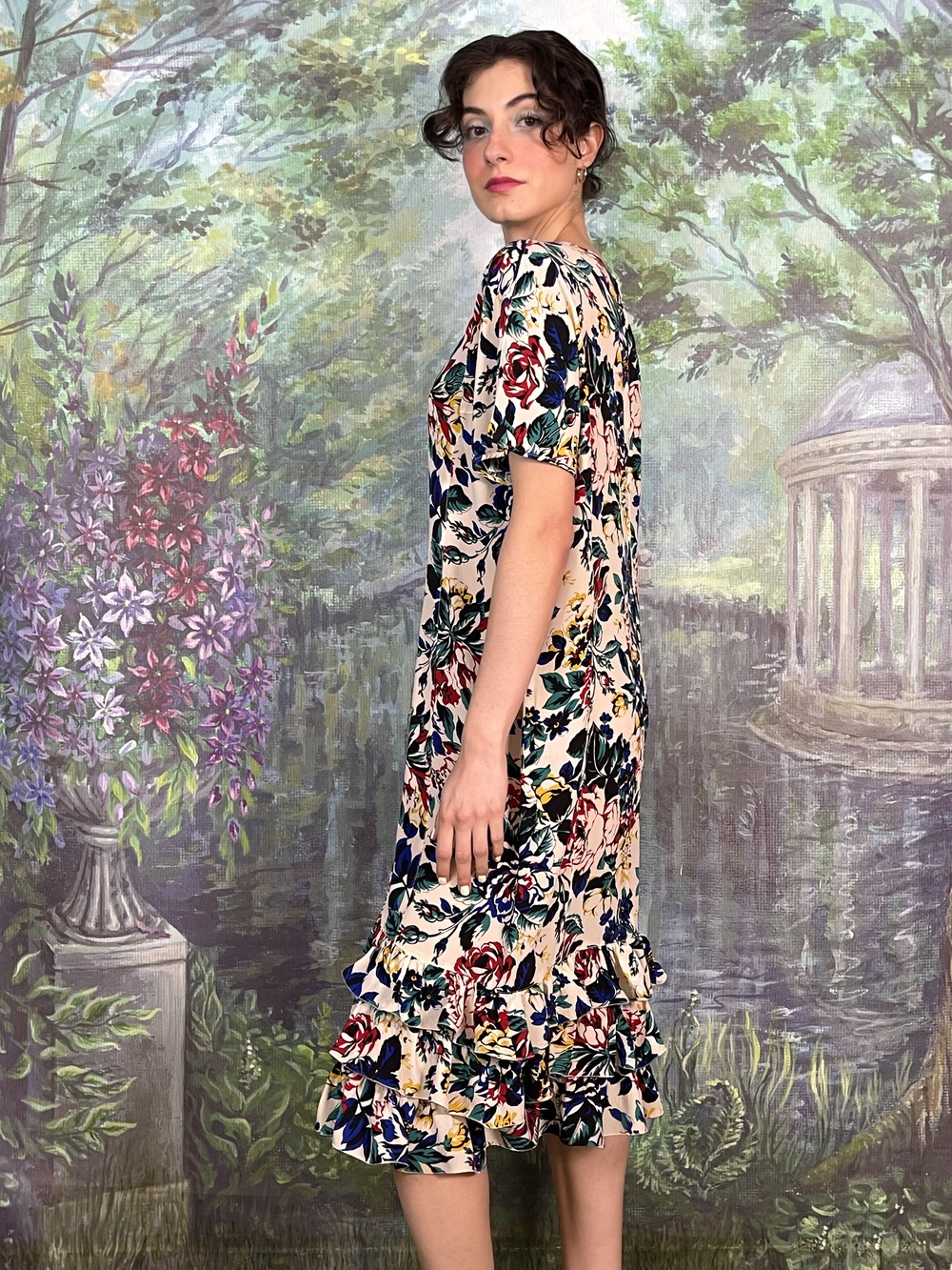 90s Vintage Botanical Floral Ruffle Dress
