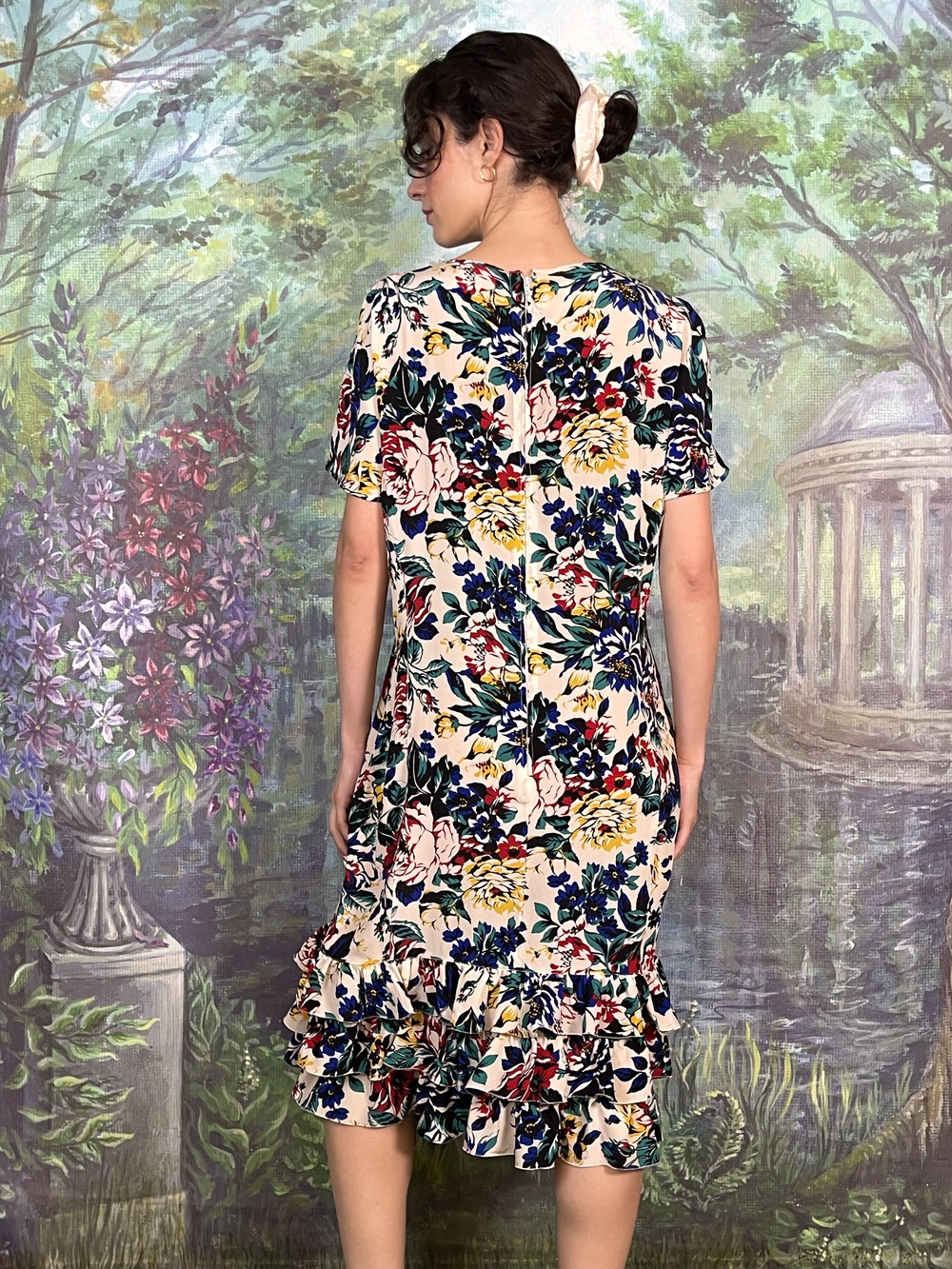 90s Vintage Botanical Floral Ruffle Dress