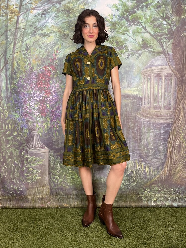 70s Vintage Abstract Print Shirt Dress