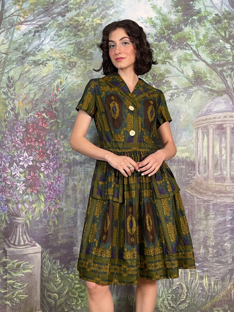 70s Vintage Abstract Print Shirt Dress