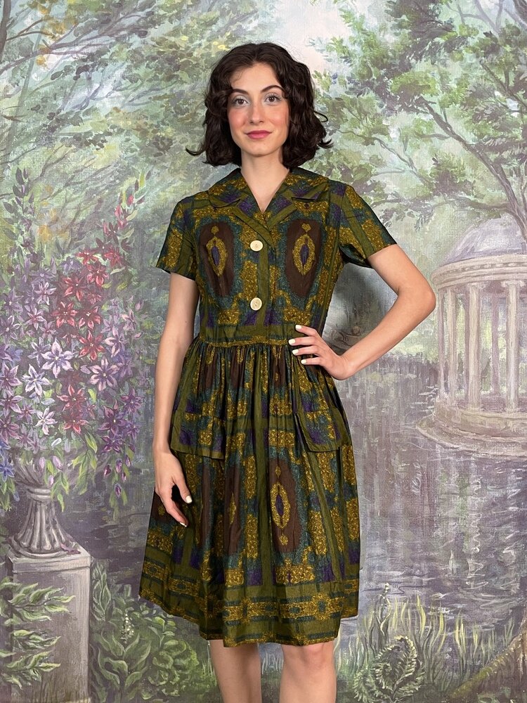 70s Vintage Abstract Print Shirt Dress