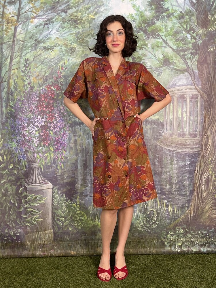 Vintage Tropical Print Double Breasted Dress