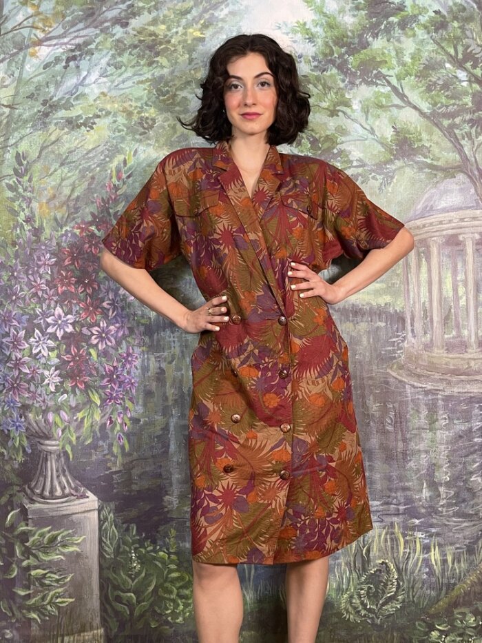 Vintage Tropical Print Double Breasted Dress