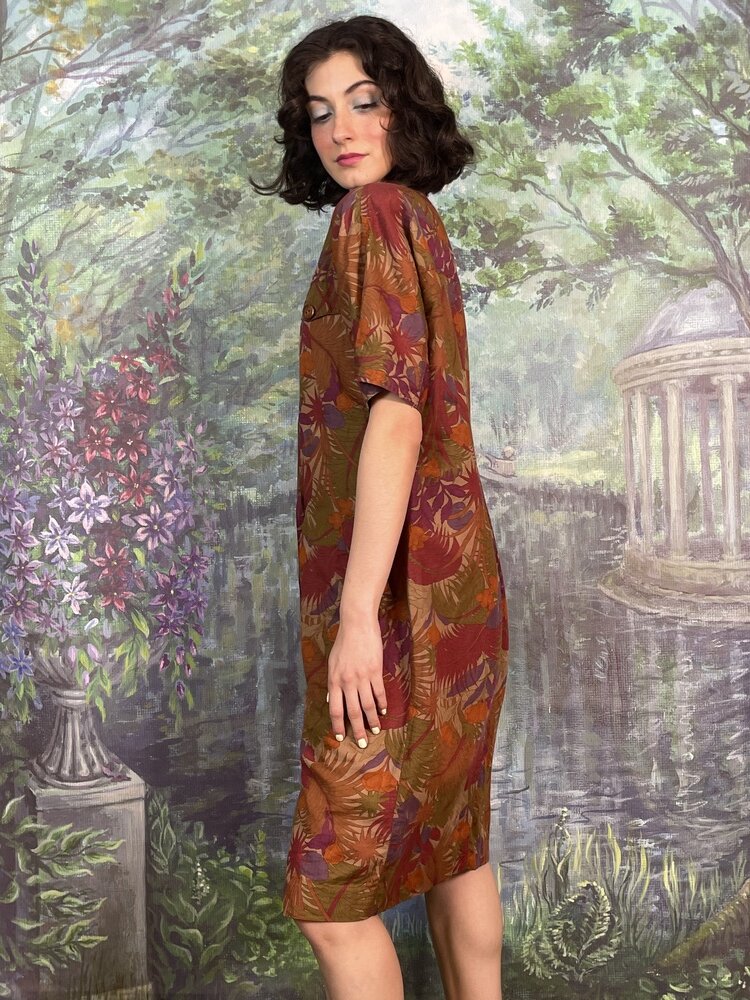 Vintage Tropical Print Double Breasted Dress