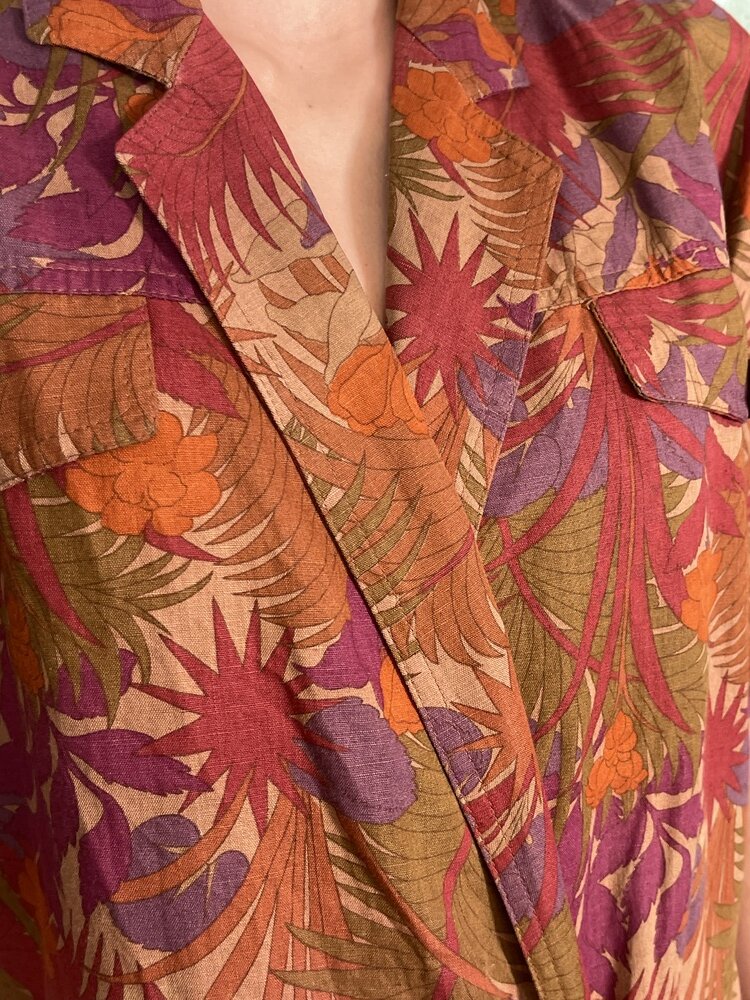 Vintage Tropical Print Double Breasted Dress