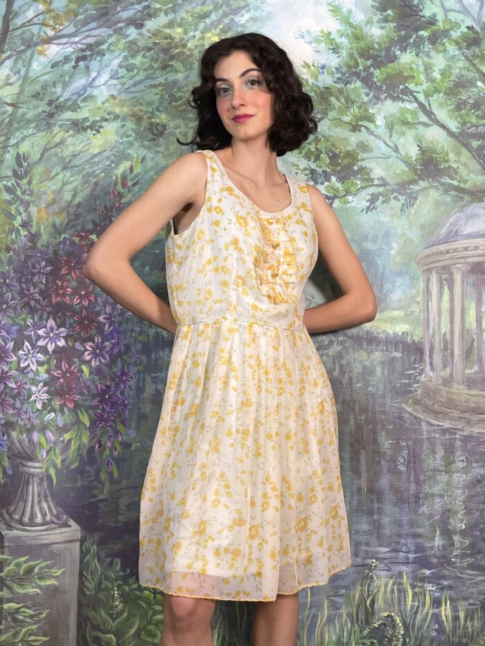 60s Vintage Romantic Yellow Floral Summer Dress