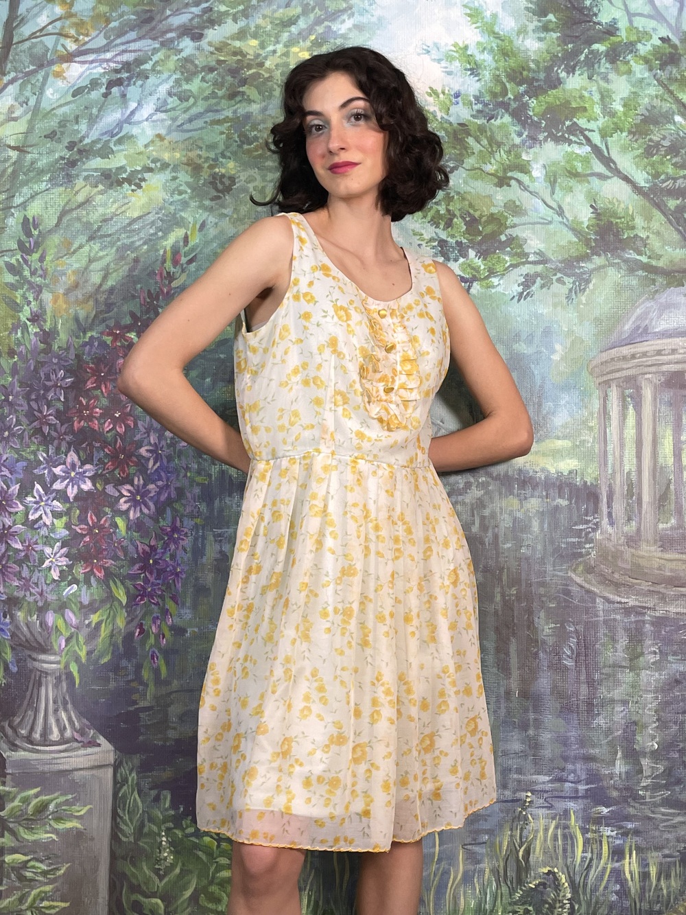 60s Vintage Romantic Yellow Floral Summer Dress