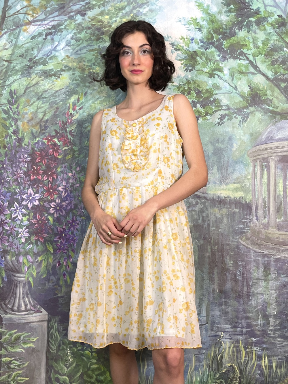 60s Vintage Romantic Yellow Floral Summer Dress