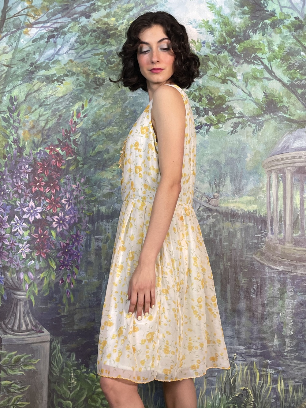 60s Vintage Romantic Yellow Floral Summer Dress