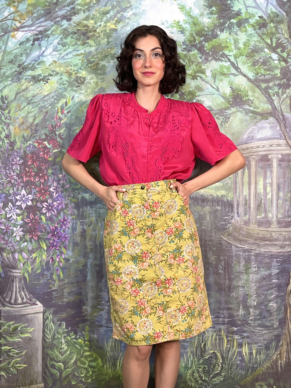 90s Vintage Denim Floral Pencil Skirt