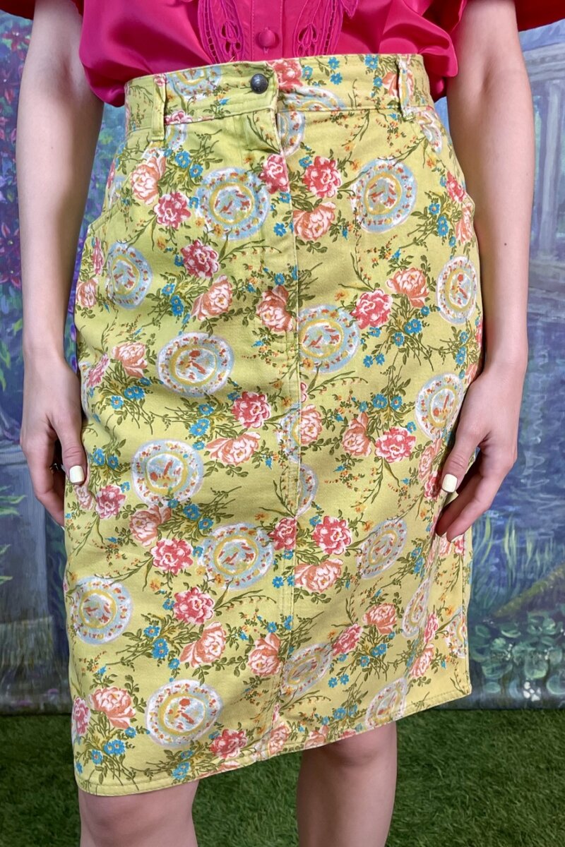 90s Vintage Denim Floral Pencil Skirt