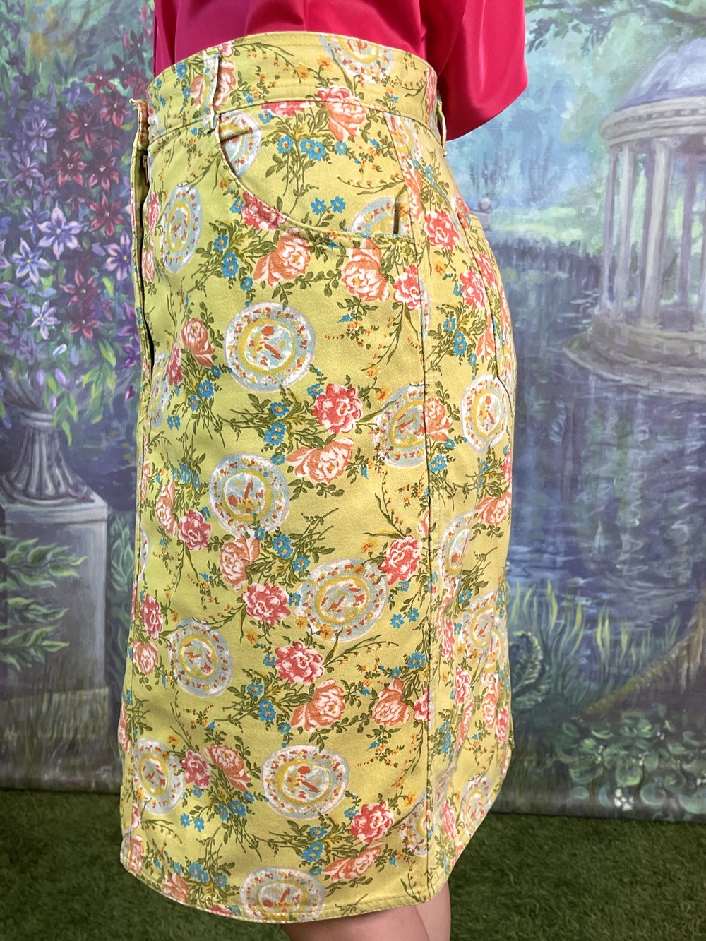 90s Vintage Denim Floral Pencil Skirt
