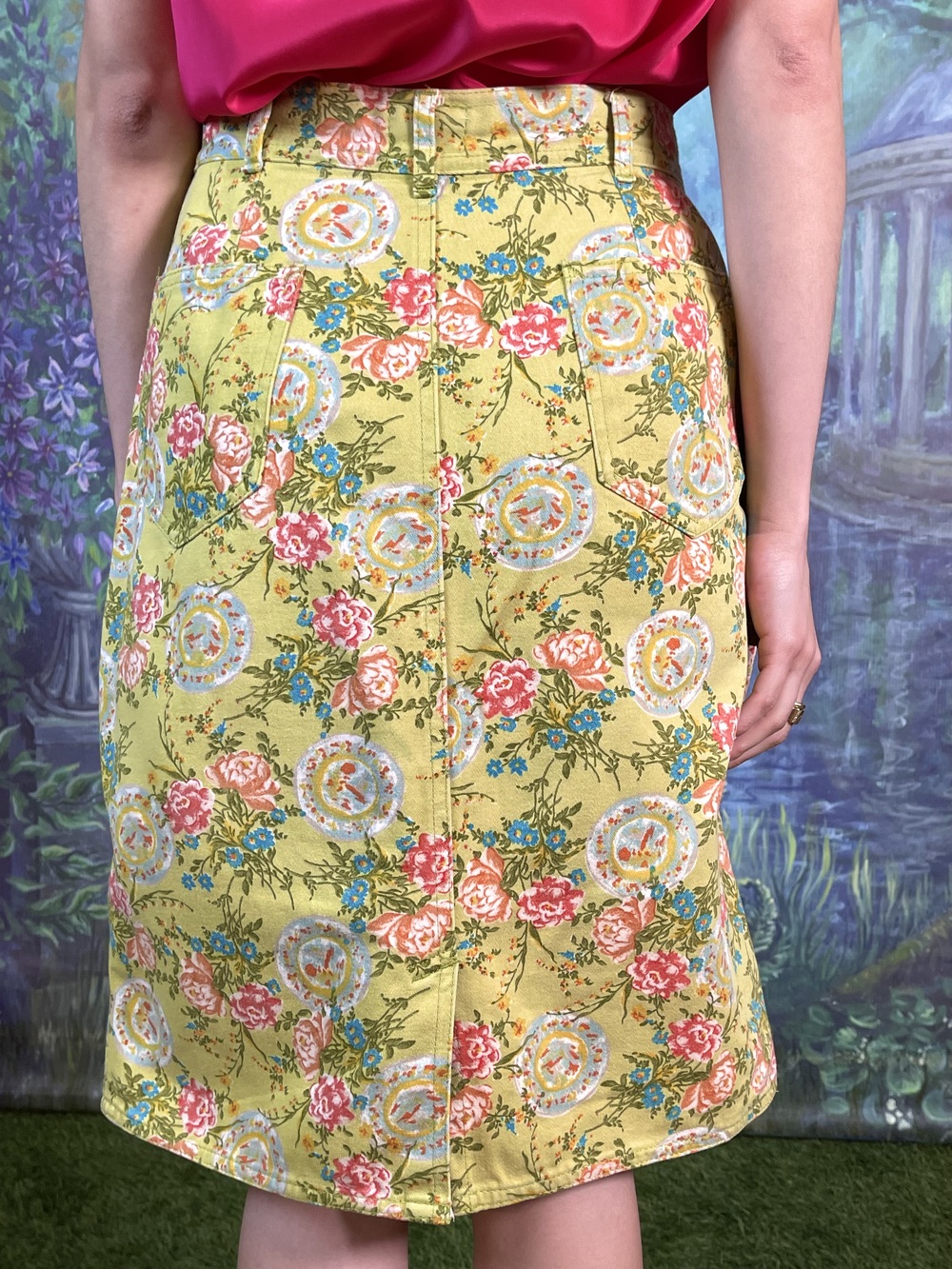 90s Vintage Denim Floral Pencil Skirt