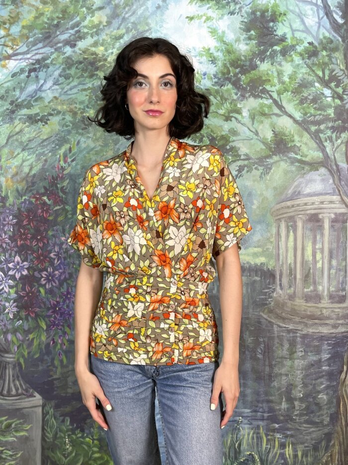 Vintage 70s Floral Waist-Cinched Blouse