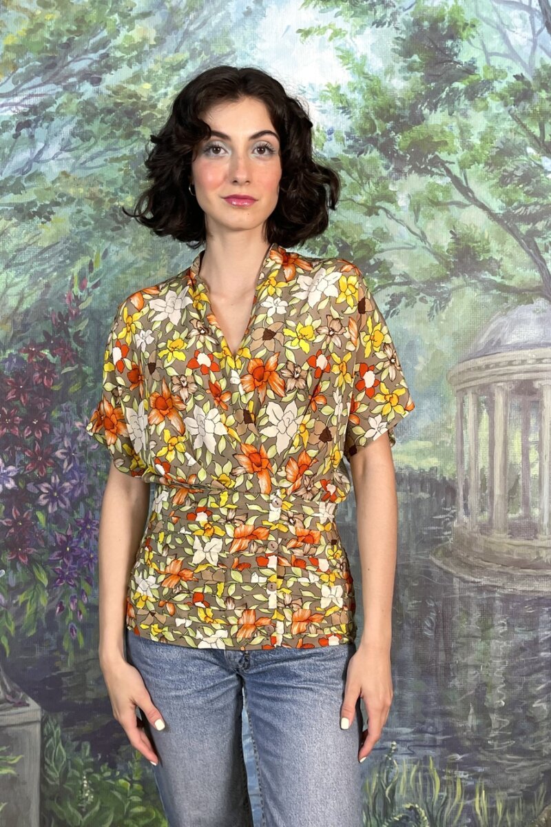 Vintage 70s Floral Waist-Cinched Blouse
