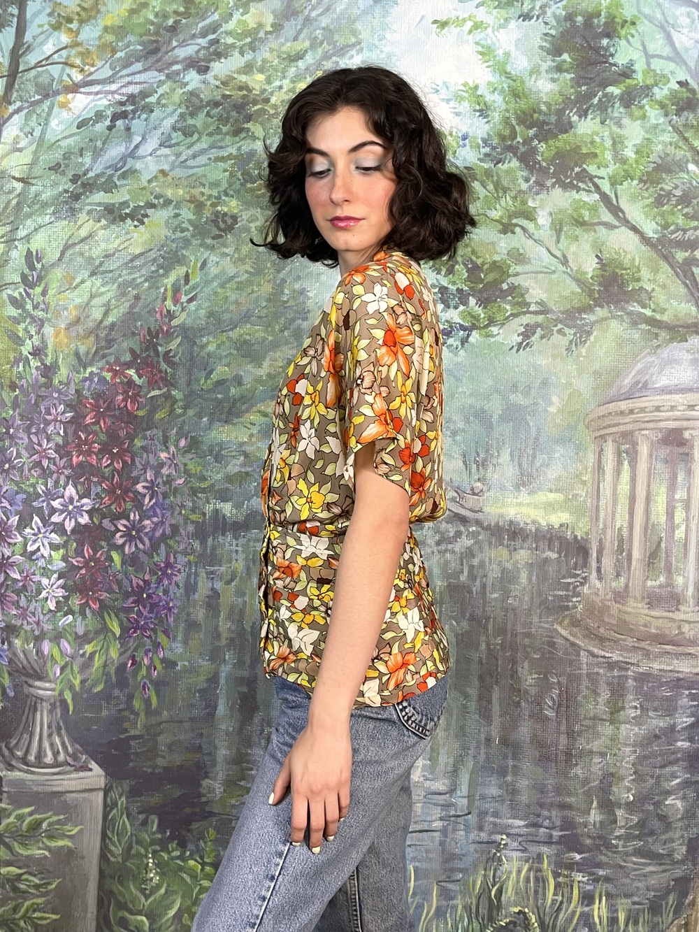 Vintage 70s Floral Waist-Cinched Blouse