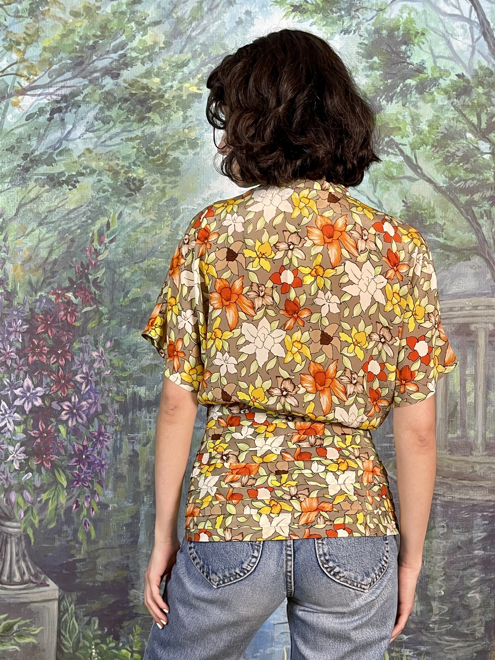 Vintage 70s Floral Waist-Cinched Blouse