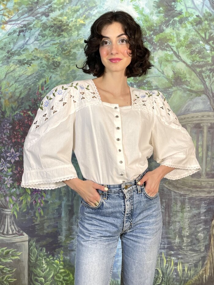 70s Vintage Austrian Embroidered Flowers Cotton Blouse