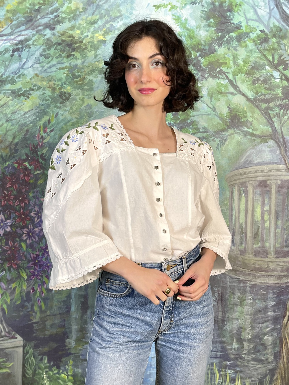 70s Vintage Austrian Embroidered Flowers Cotton Blouse