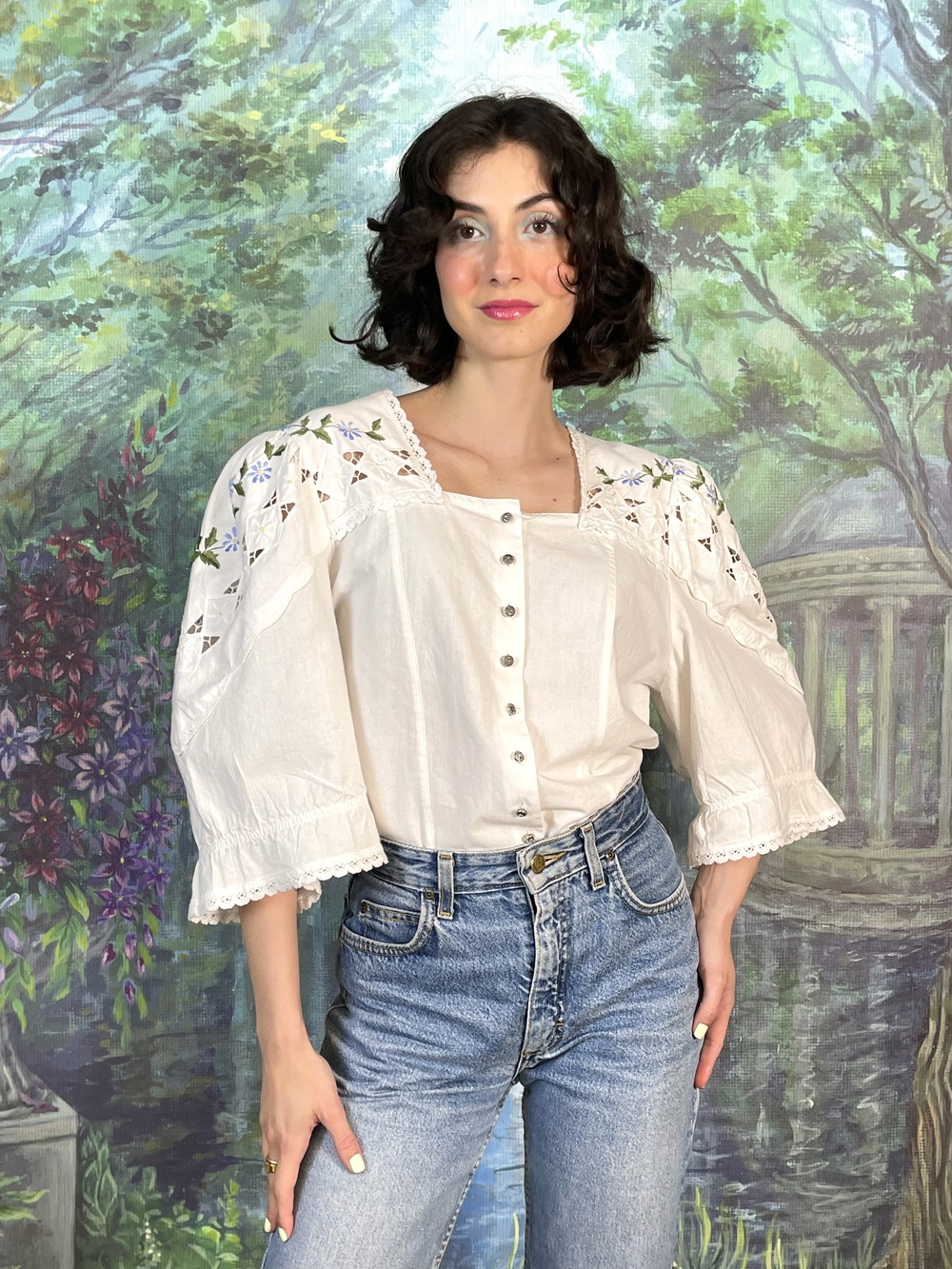 70s Vintage Austrian Embroidered Flowers Cotton Blouse