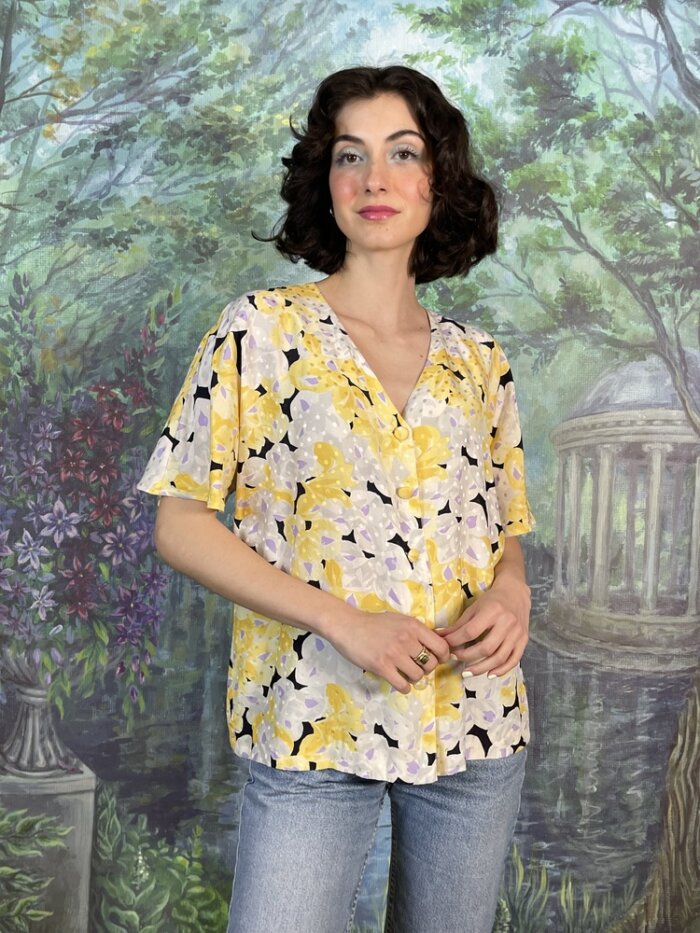 Vintage Silk Yellow Floral Blouse