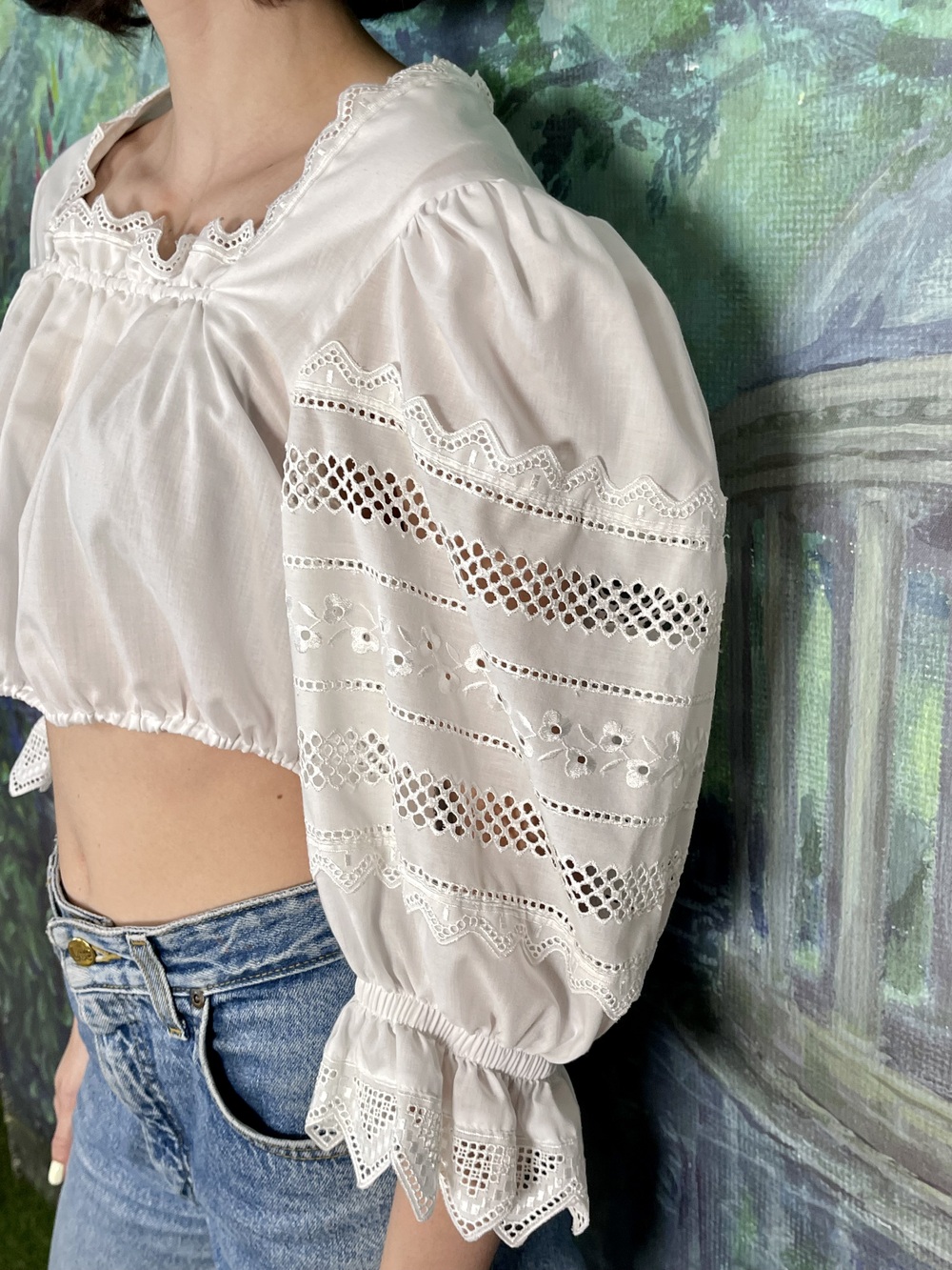 Vintage Austrian White Embroidered Crop Blouse
