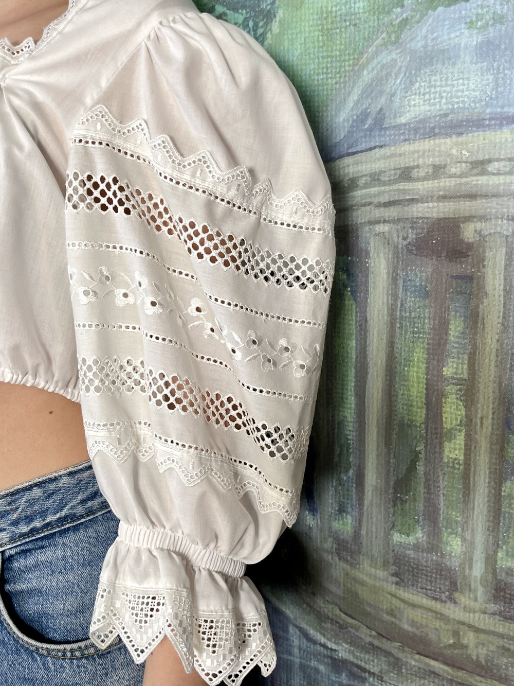 Vintage Austrian White Embroidered Crop Blouse