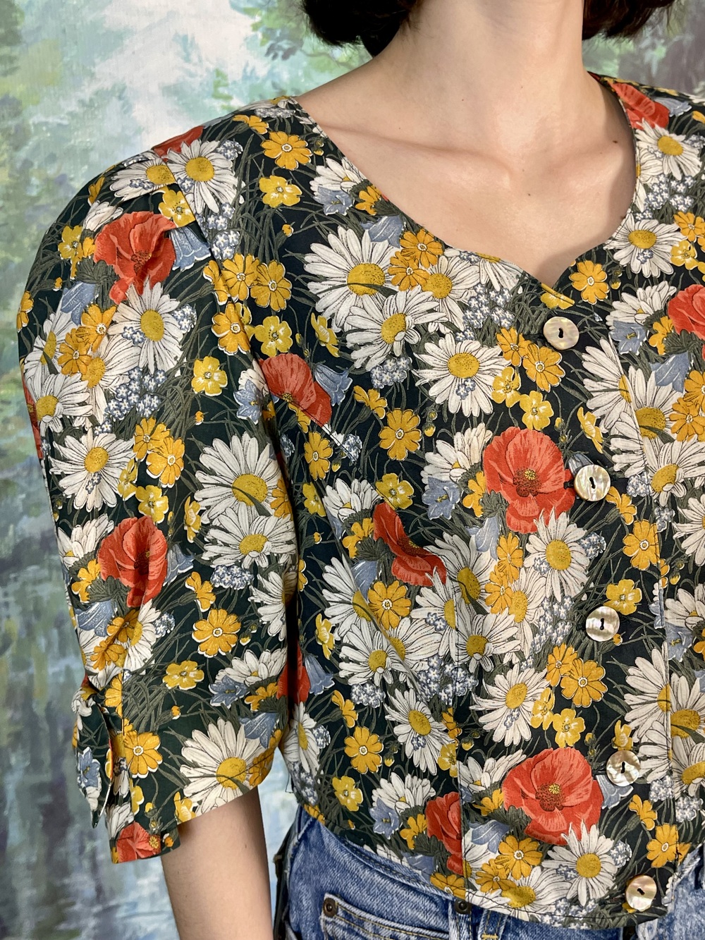 80s Vintage Austrian Daisy & Poppy Floral Blouse
