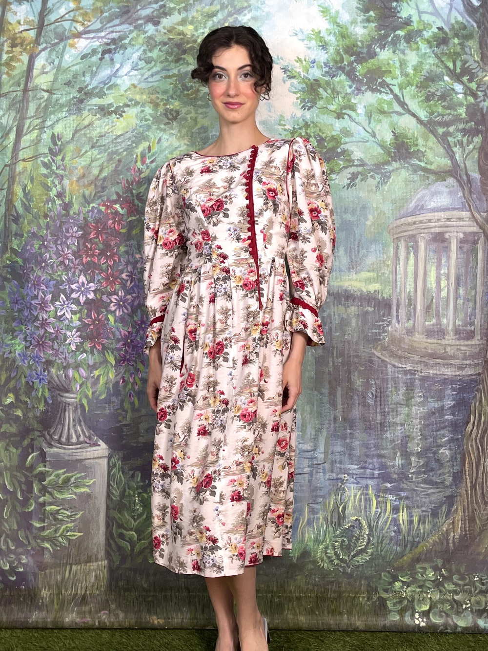 Vintage Austrian Romantic Floral Cotton Midi Dress with Puff Sleeves