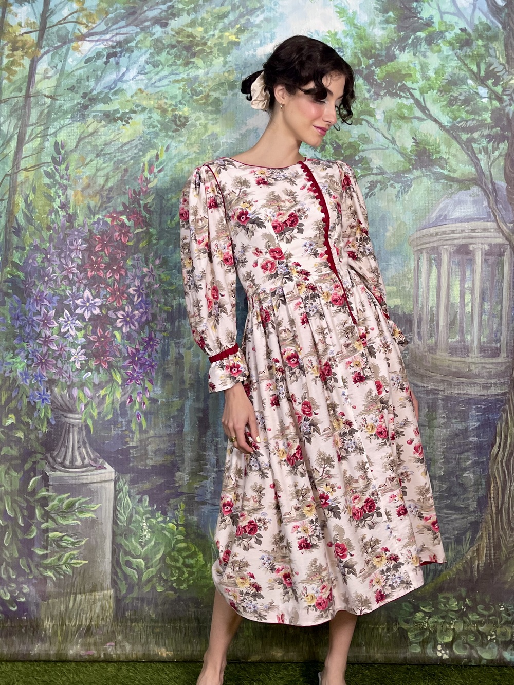 Vintage Austrian Romantic Floral Cotton Midi Dress with Puff Sleeves