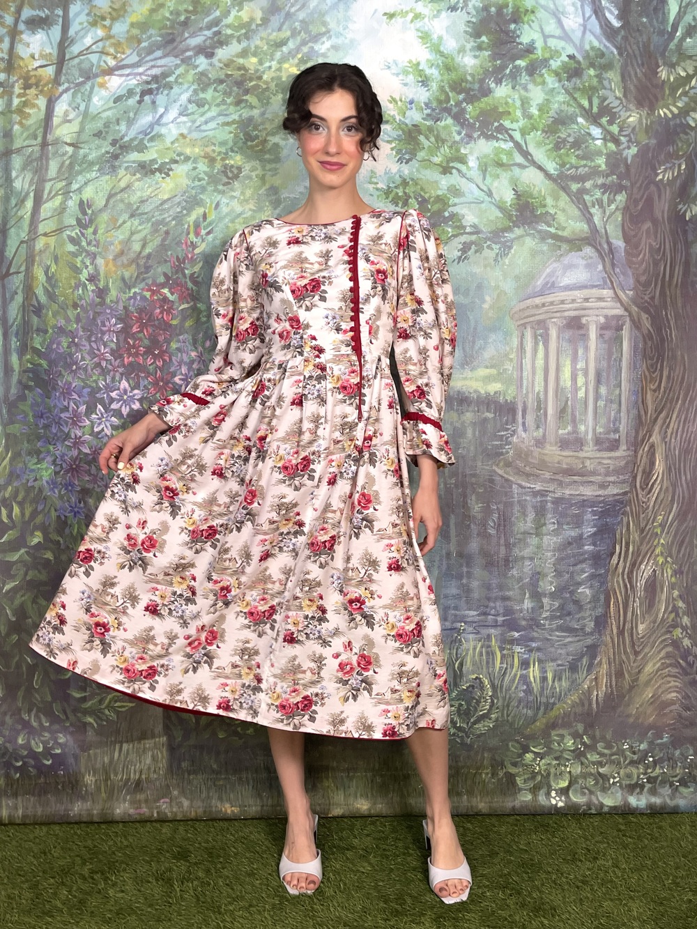 Vintage Austrian Romantic Floral Cotton Midi Dress with Puff Sleeves