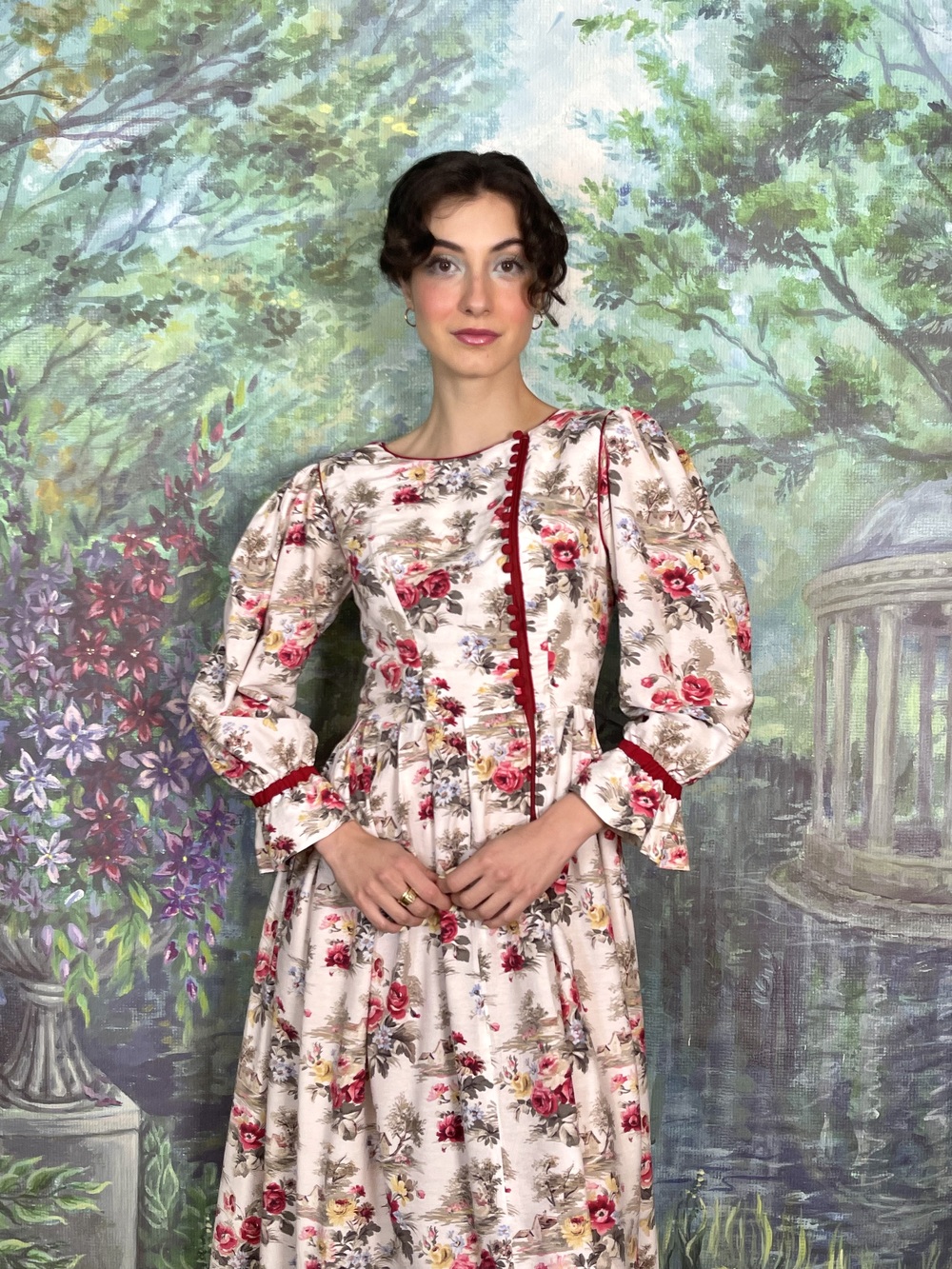 Vintage Austrian Romantic Floral Cotton Midi Dress with Puff Sleeves