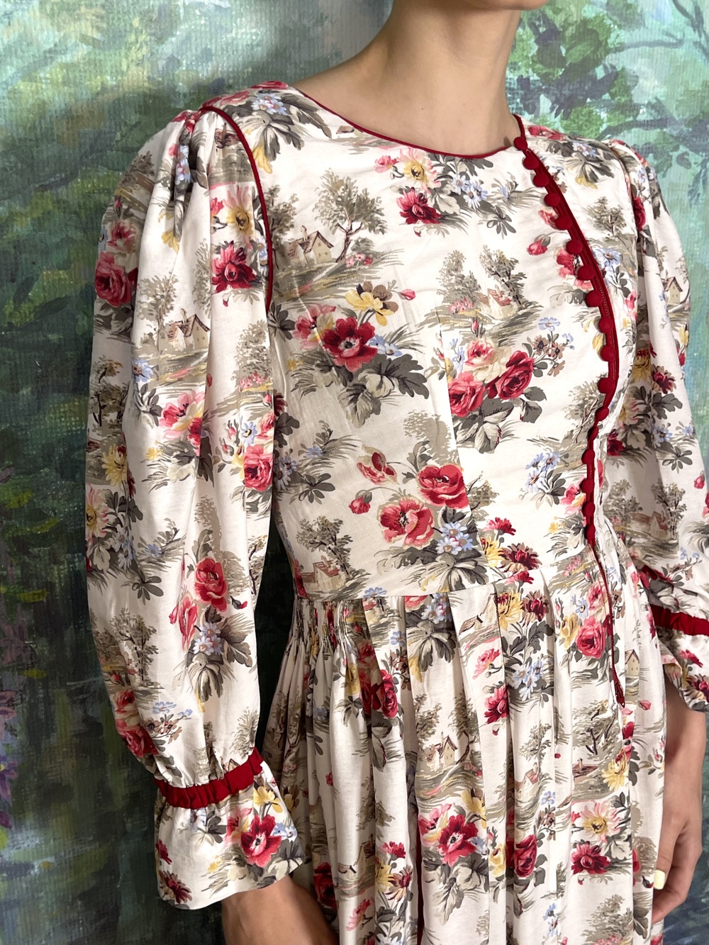 Vintage Austrian Romantic Floral Cotton Midi Dress with Puff Sleeves