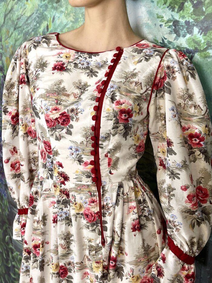 Vintage Austrian Romantic Floral Cotton Midi Dress with Puff Sleeves